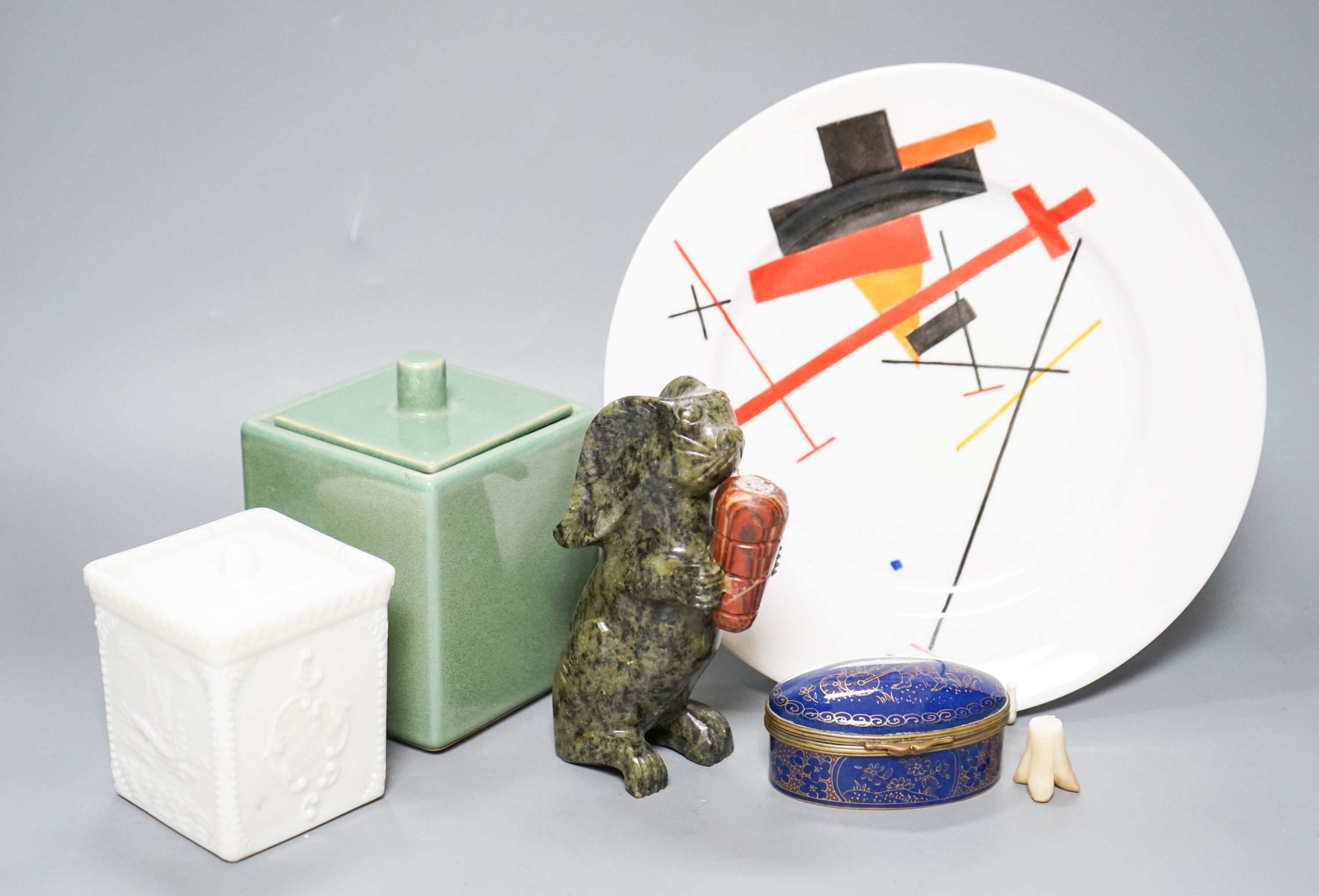 A Suprematist style porcelain plate, 24cm, a powder blue trinket box, two jars and covers and a hardstone figure of a rabbit